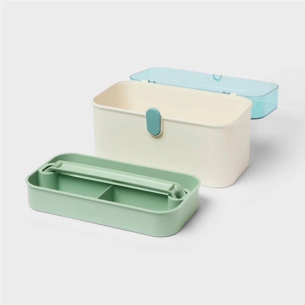 Portable Cream and Teal Storage Caddy with Handle